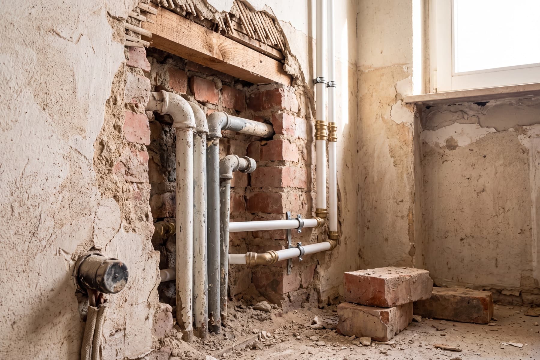 Geoeffnete Badwand in einem Altbau: alte verzinkte Stahlrohre im Kalkputz vor Ziegelmauerwerk, daneben neu verlegte weisse Kunststoffrohre mit Messingfittings, darueber ein Holzbalken mit Spaltlatten als Putztraeger.