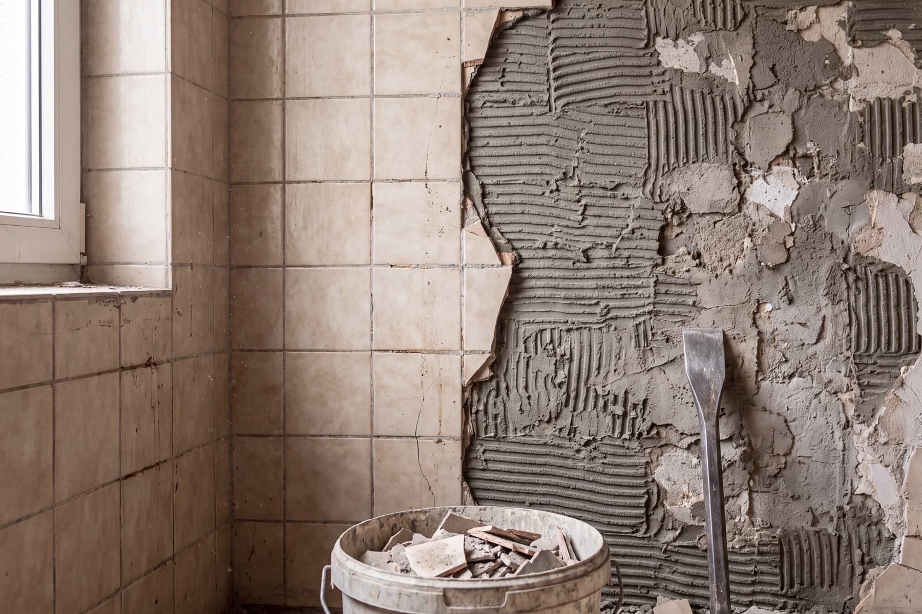 Halb abgestemmter Fliesenspiegel: links stehen noch alte beige Wandfliesen, rechts liegt der Untergrund mit Kleberrippen und altem Putz frei, davor ein Eimer mit Fliesenbruch.