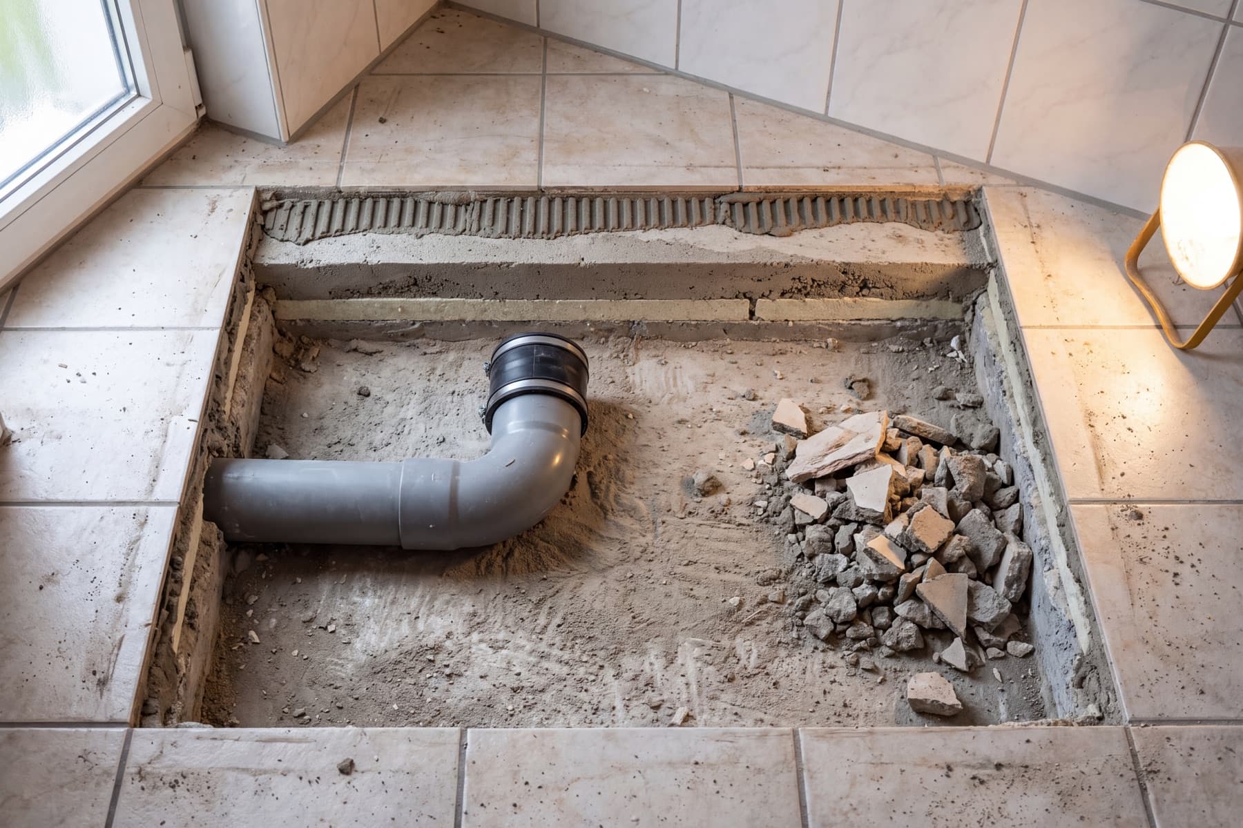 Aufgestemmter Bodenausschnitt in einem Bestandsbad: an der Schnittkante liegen Fliese, Kleberbett, Estrich und Daemmschicht uebereinander, darunter eine Sandschuettung mit einem freigelegten grauen Abwasserrohr samt Bogen.