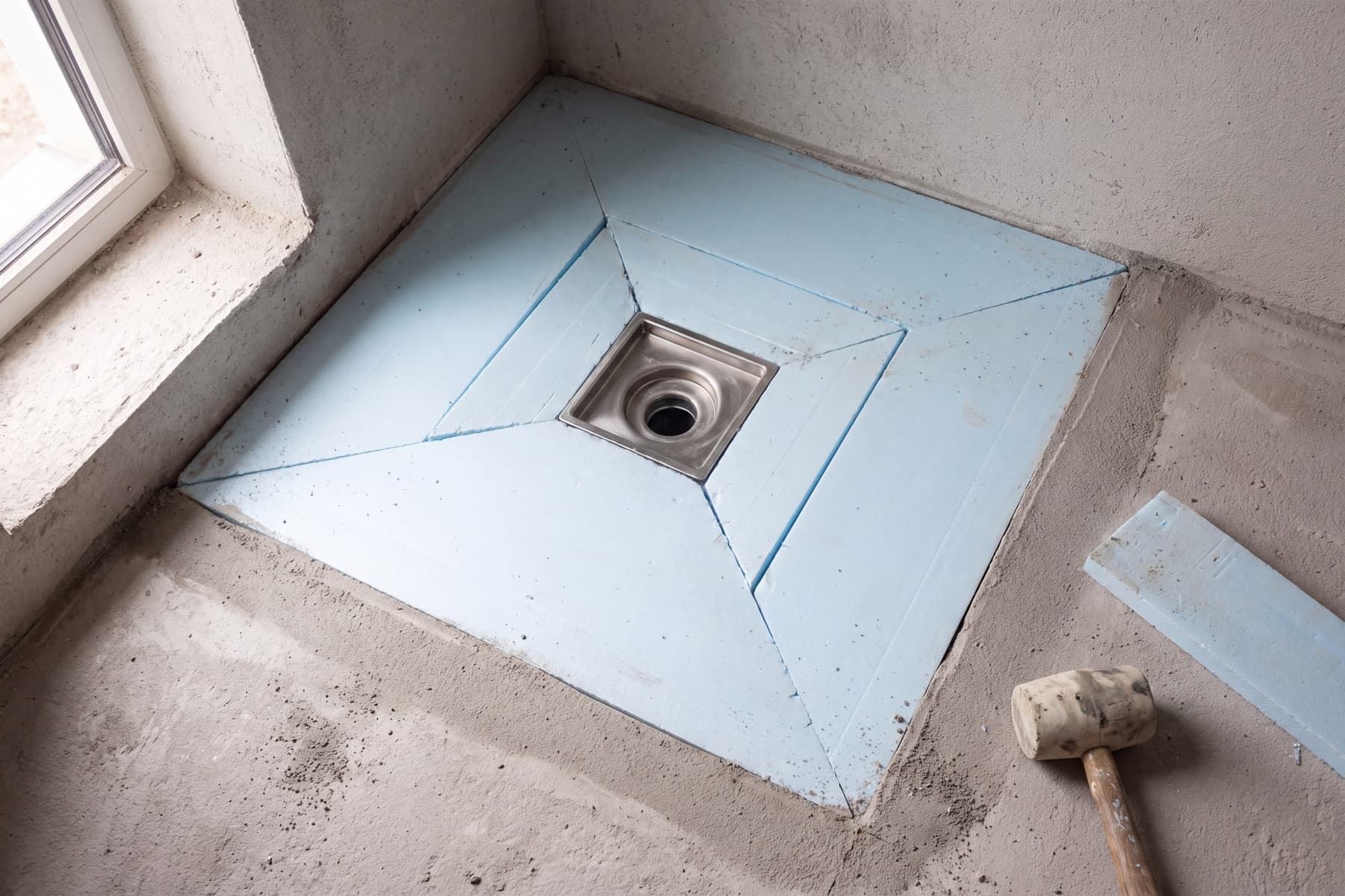 Bodenaufbau einer bodengleichen Dusche im Bau: ein eingesetzter Ablaufkörper aus Edelstahl, ringsum zugeschnittene Gefällekeile aus Hartschaum auf dem nackten Estrich.