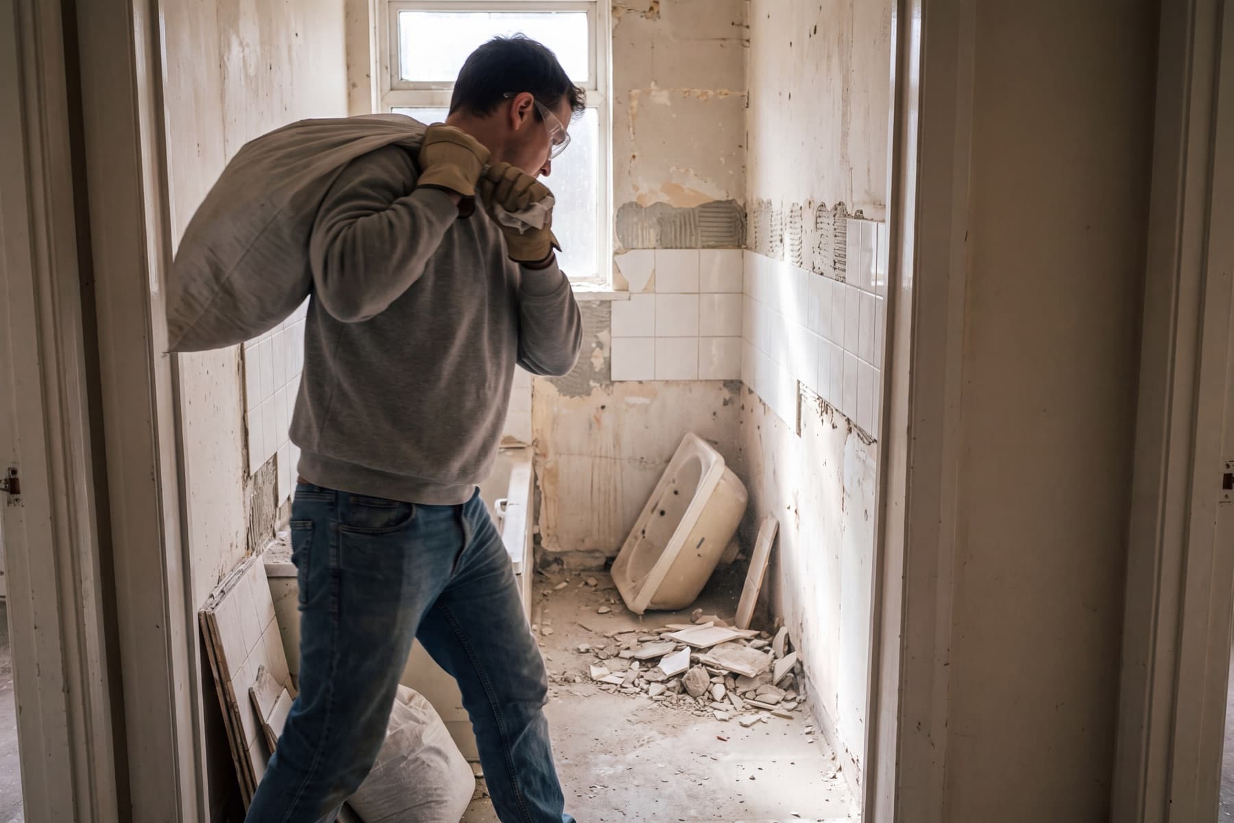 Ein Mann in Sweatshirt und Jeans mit Schutzbrille und Lederhandschuhen schultert im Türrahmen eines entkernten kleinen Bades einen Bauschuttsack; dahinter abgeschlagene Wände mit Kleberresten, ein ausgebauter Waschtisch und Fliesenschutt auf dem Boden.